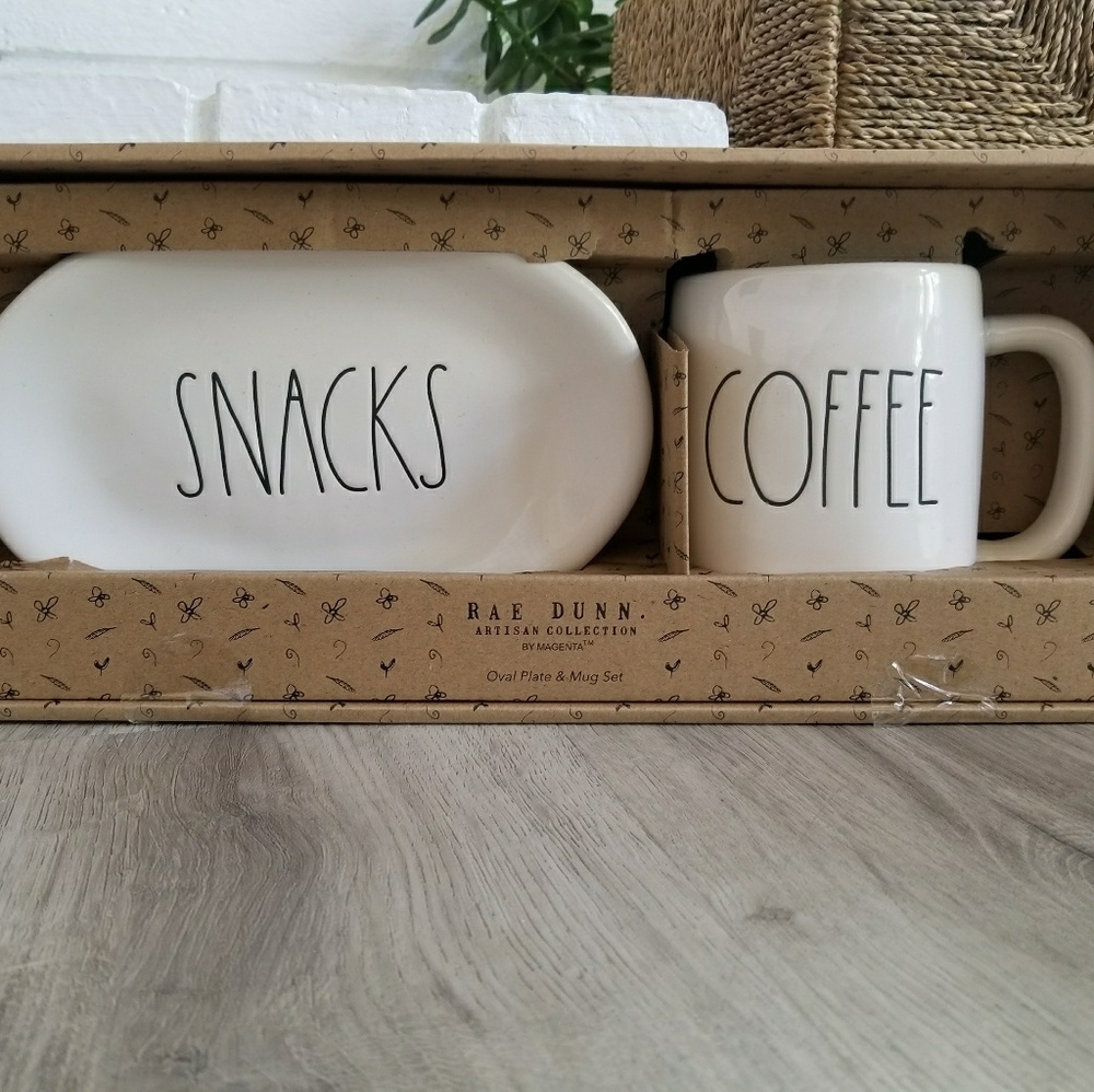 Rae Dunn SNACKS Oval Plate and COFFEE Mug Set - Picture 4 of 7